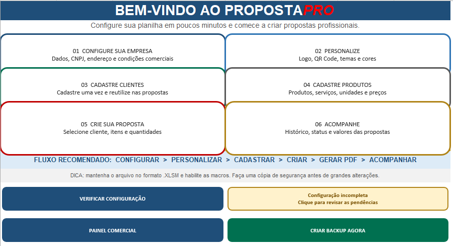 Tela Comece Aqui do PropostaPro